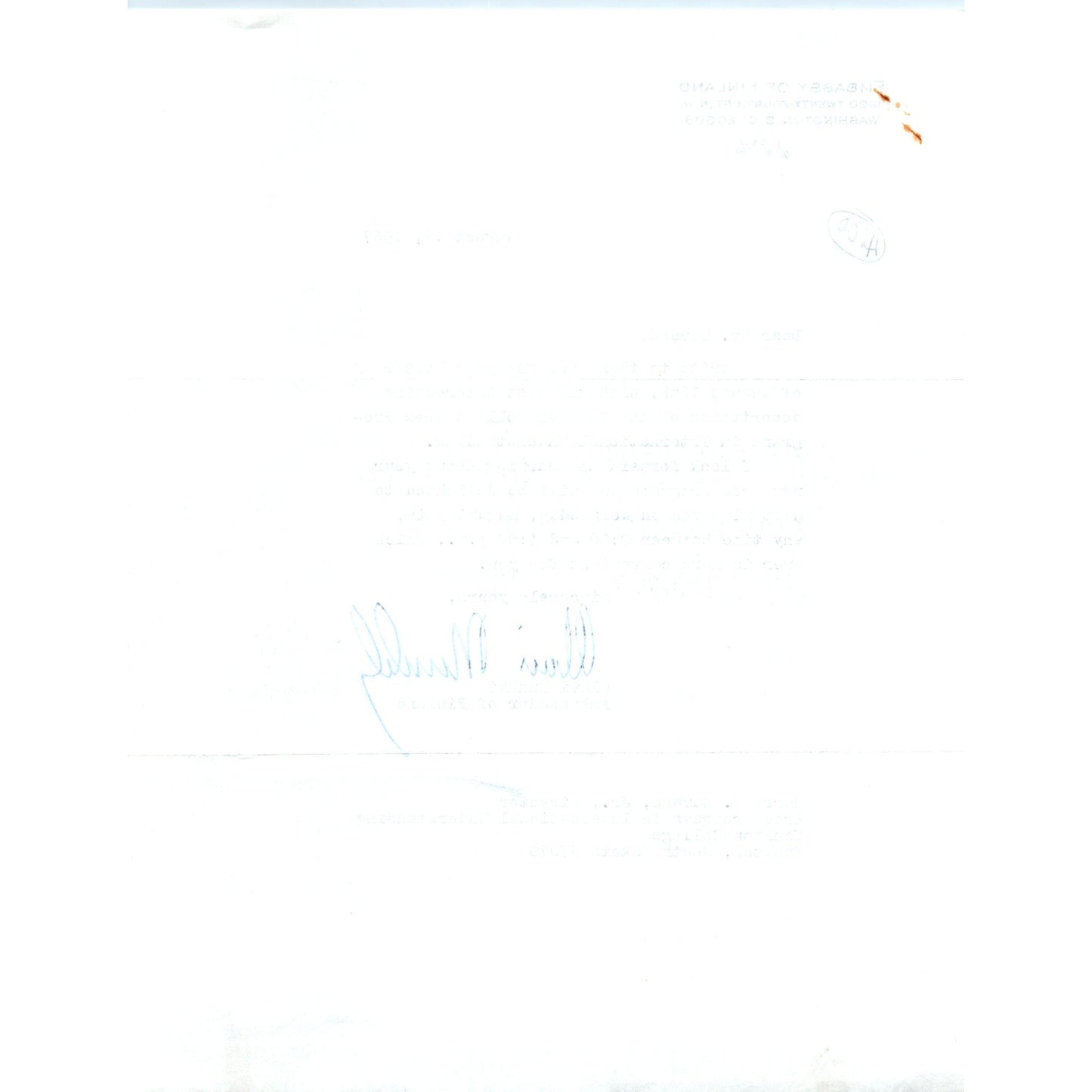 Finland Embassy Official Letterhead Memo Olavi Munkki Aug 1967 B15