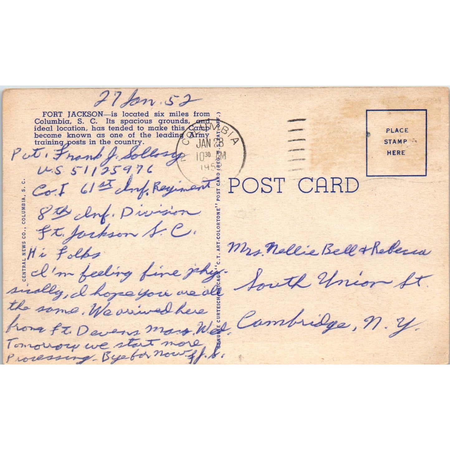 Greetings from Fort Jackson SC Linen - Original Postcard P3-4
