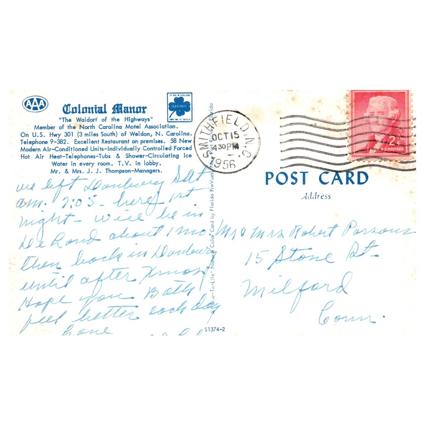 Vintage Postcard - Colonial Manor Weldon NC J.J. Thompson 1956 AD9
