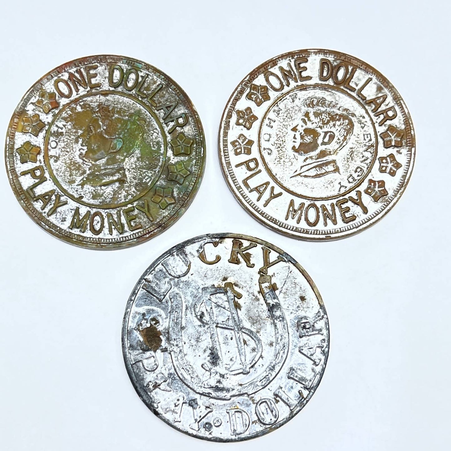 1960s Plastic JFK One Dollar Coin Lucky Play Money Kennedy Set of 3 SE1