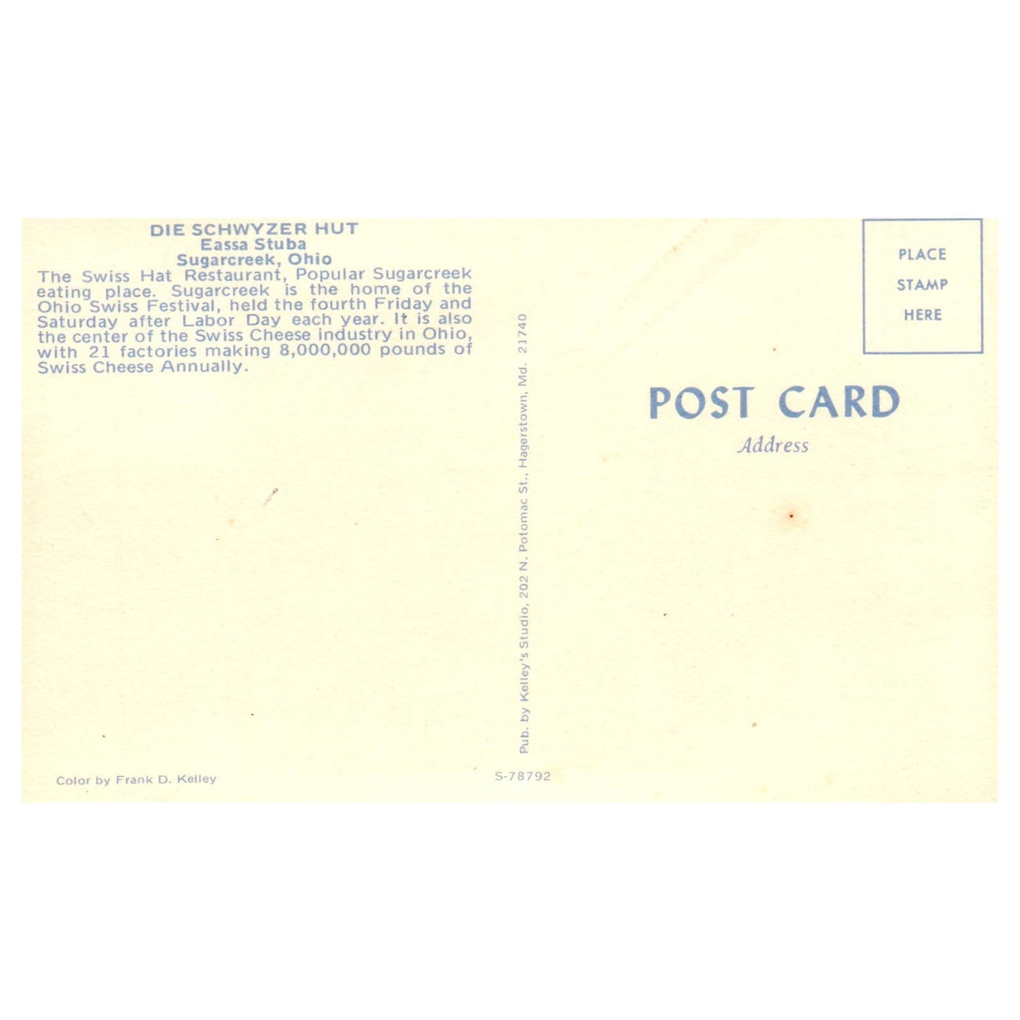 Vintage Postcard - Die Schwyzer Hut Eassa Stuba Sugarcreek Ohio AD9