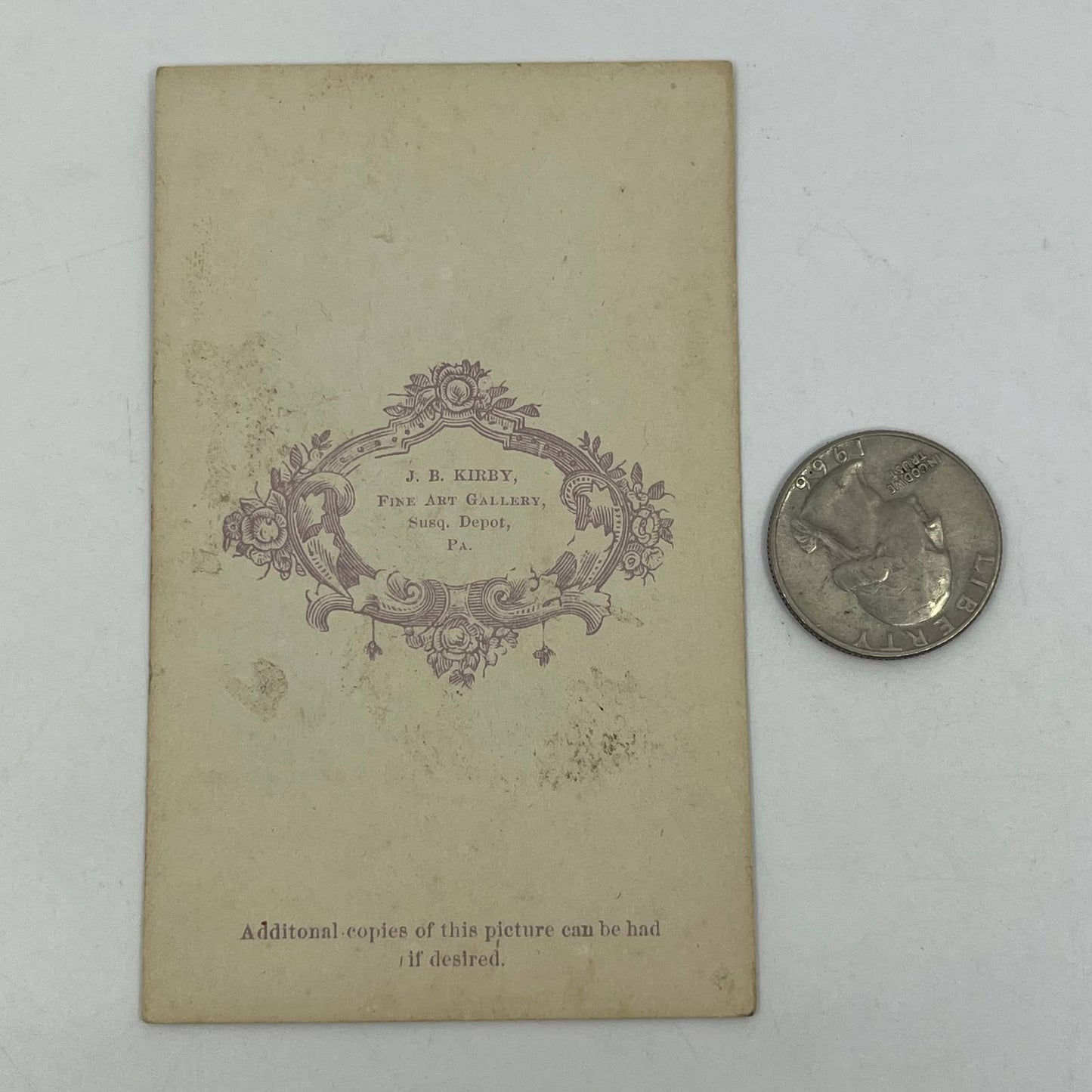 1870s Victorian Photo Card J.B. Kirby Fine Art Gallery Susquehanna Depot PA AC2