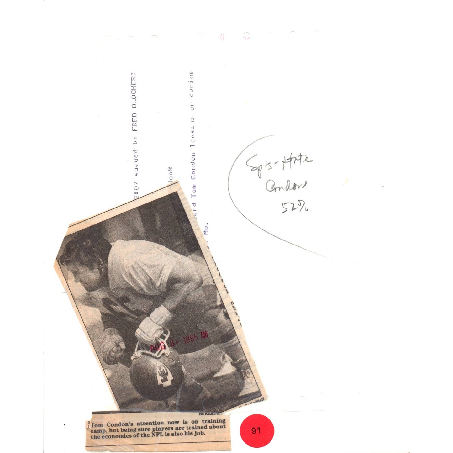 1985 Original Press Photo Football NFL Kansas City Chiefs Tom Condon 8x10 TK2-FP