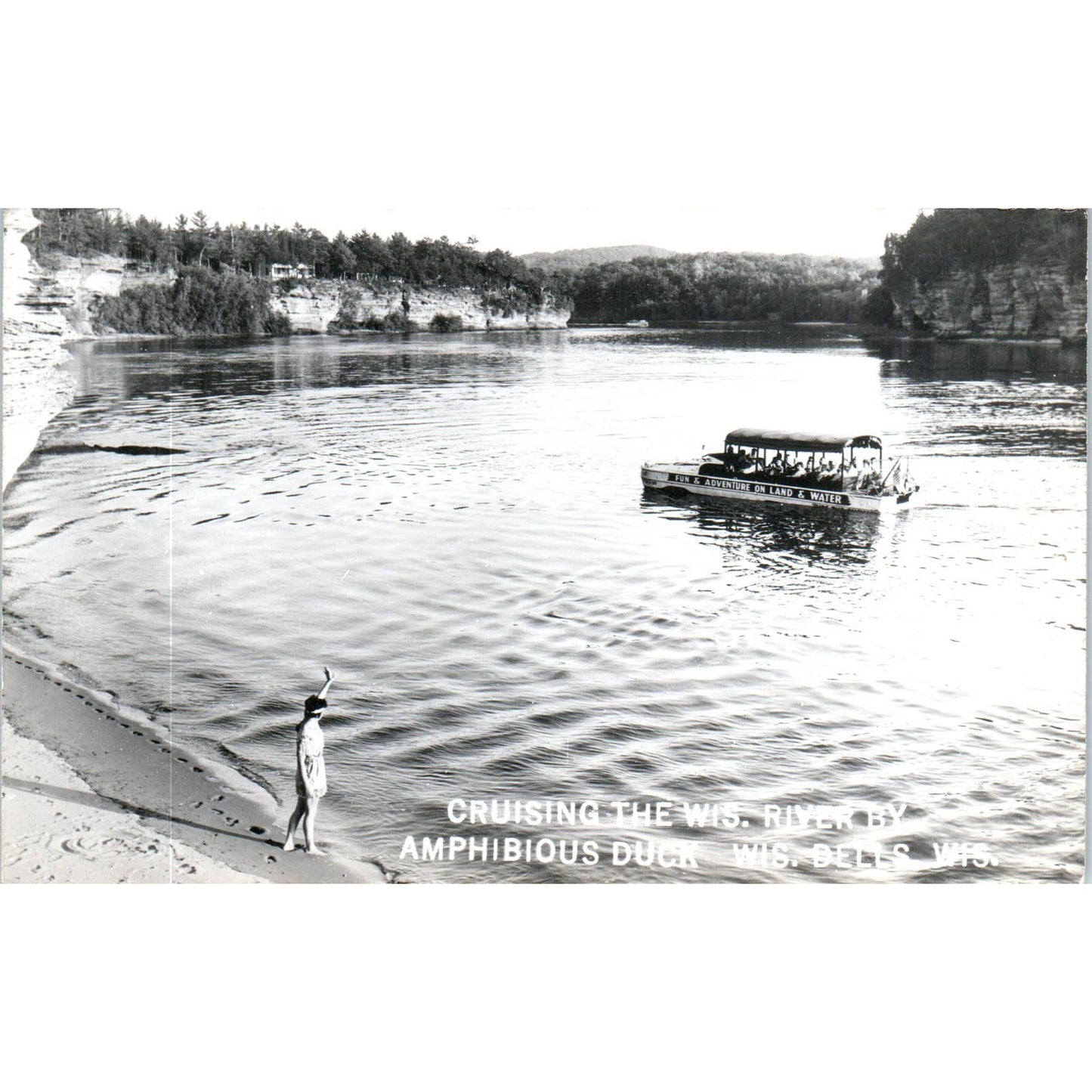 Vtg RPPC Postcard Cruising the Wisconsin River by Amphibious Duck WI Dells SE5