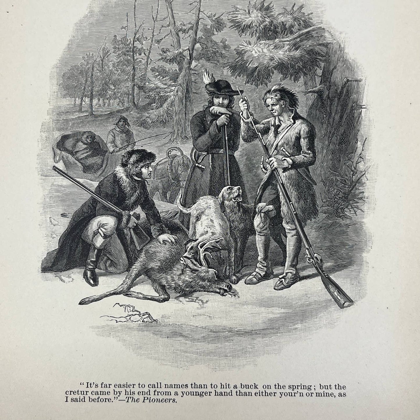 1880s Original Art Engraving - The Pioneers - Colonial Hunting Scene AC8