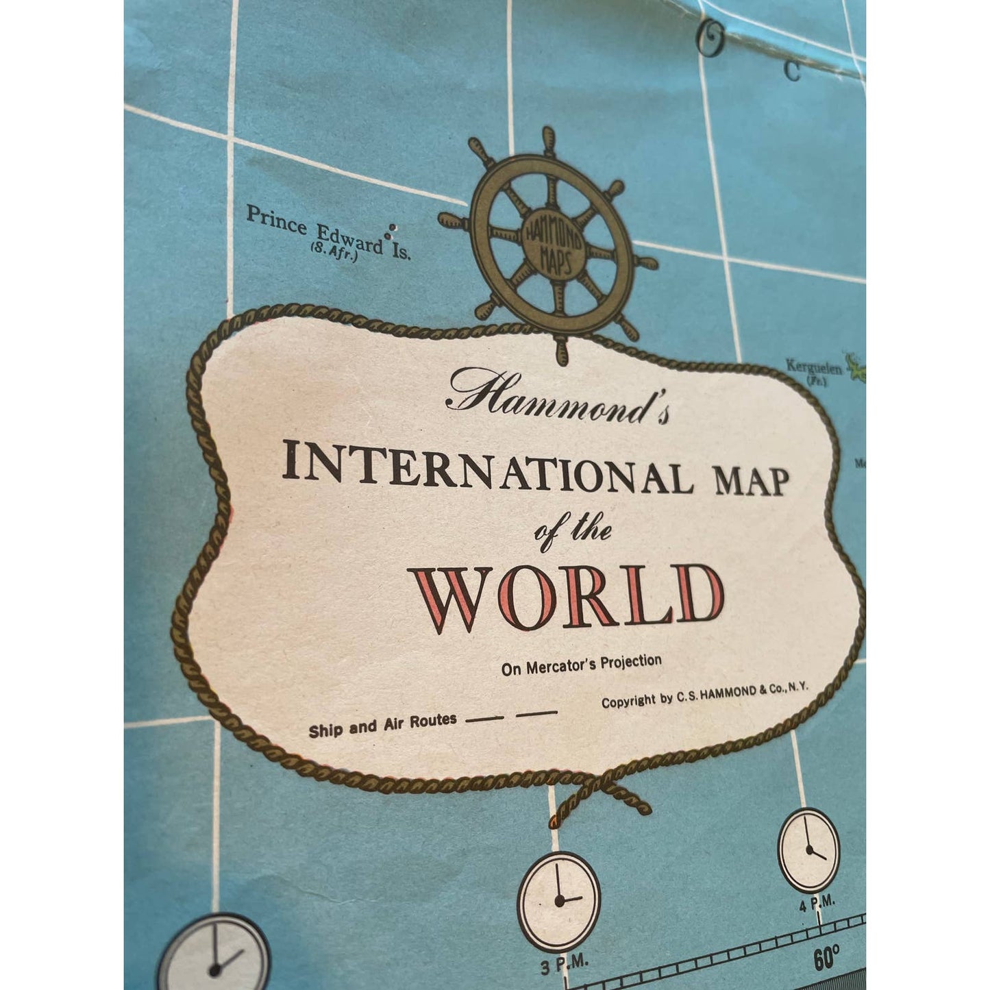 Vintage 1950's HAMMOND'S INTERNATIONAL MAP OF THE WORLD 33" x 50" FL3