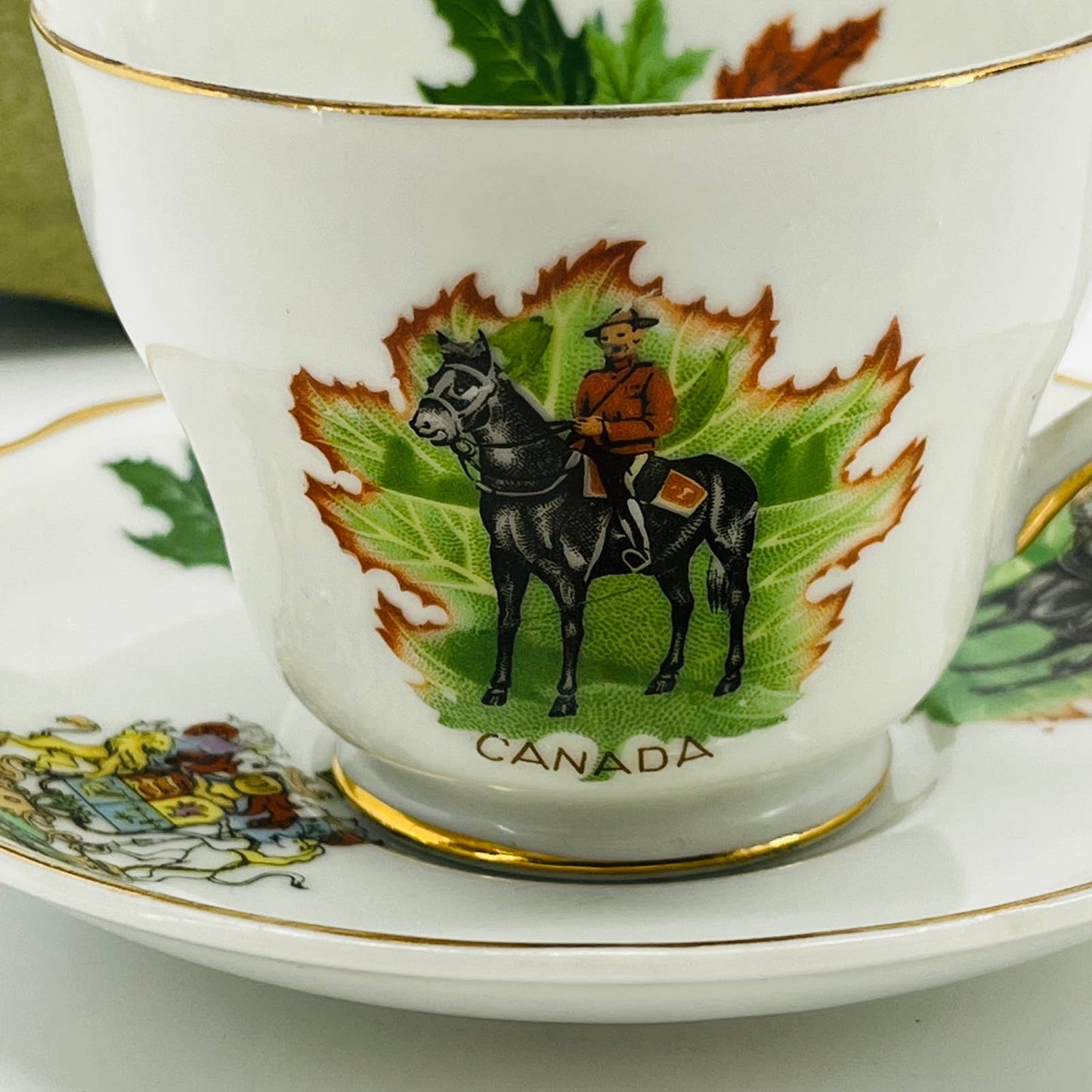VTG Napco Tea Cup and Saucer Set Canada Canadian Mountie Coat of Arms 1MD361 TB3