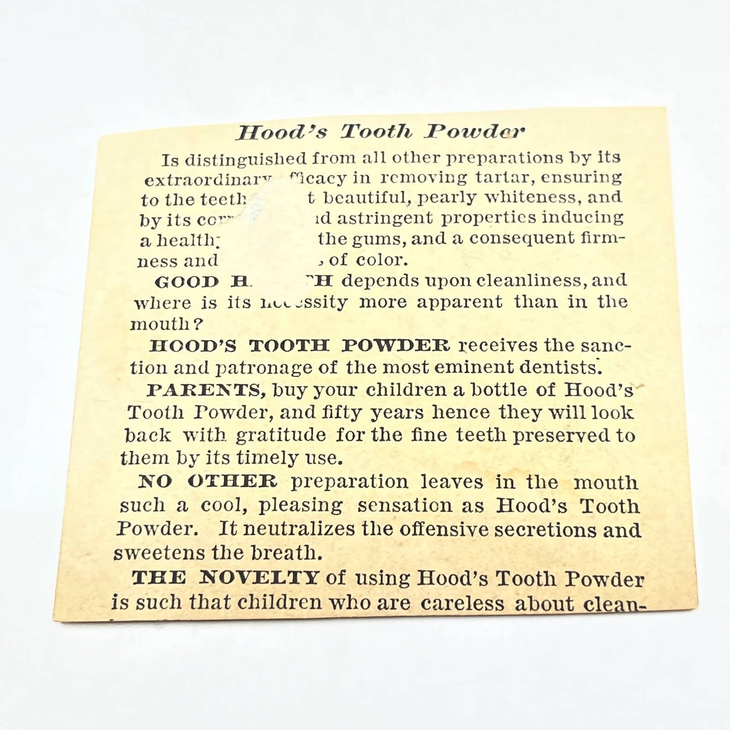 1880s Victorian Trade Card Girls in Bonnets Hood’s Tooth Powder AC2