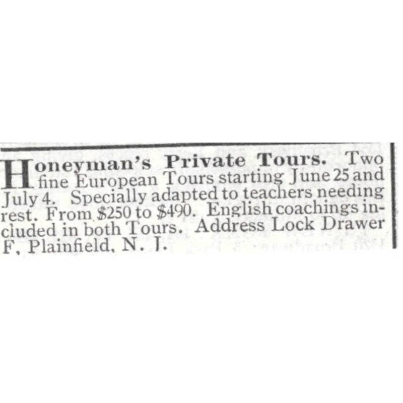 Honeyman's Private Tours Plainfield New Jersey - 1903 Original Ad TJ8-7-7