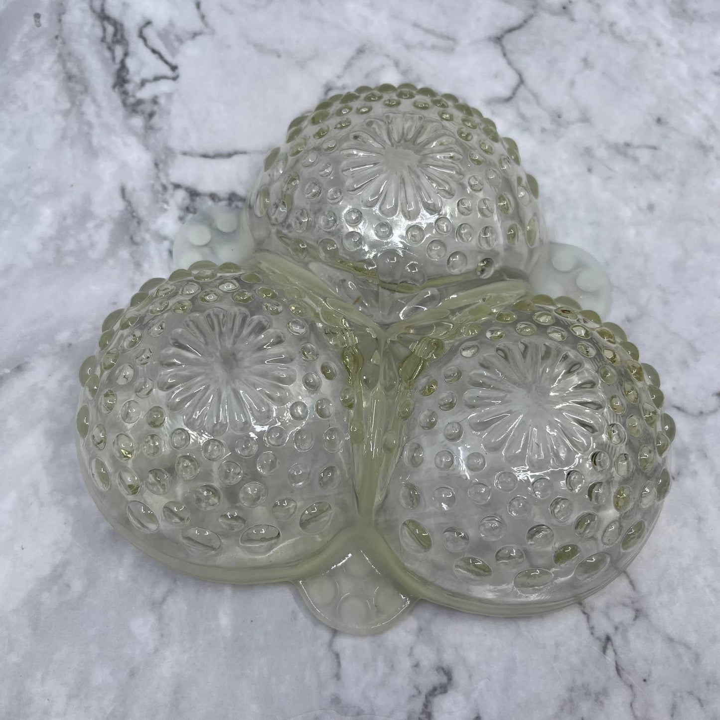 Anchor Hocking Moonstone Hobnail Ruffled Divided 3 Section Candy Dish 6.5” TC4