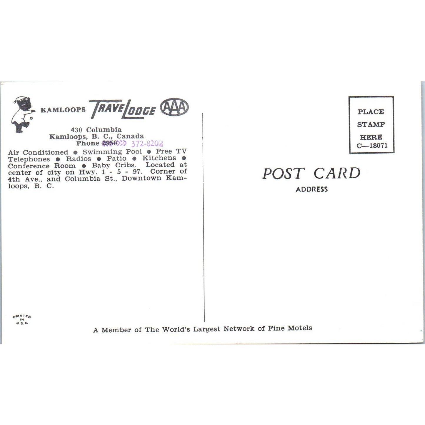 Kamloops Travel Lodge British Columbia Canada - Original Postcard TJ7-RP2