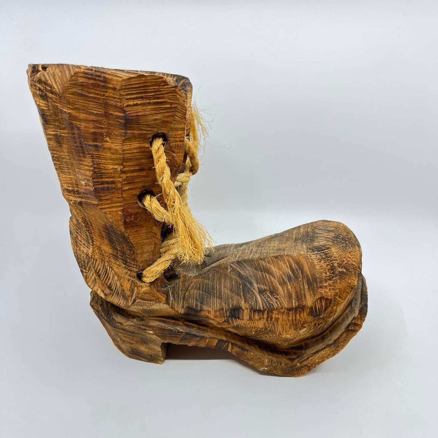Vintage Large Folk Art Rustic Hand Carved Wood Boot Sculpture 9” TE6
