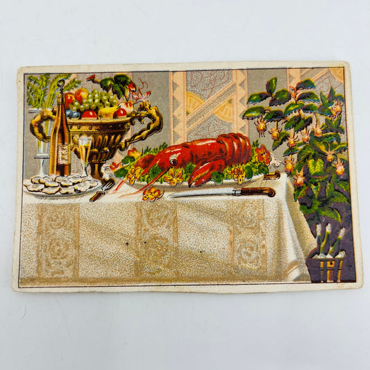 1880s Victorian Greeting Card Lobster Dinner Table Party Oysters Seafood AA2