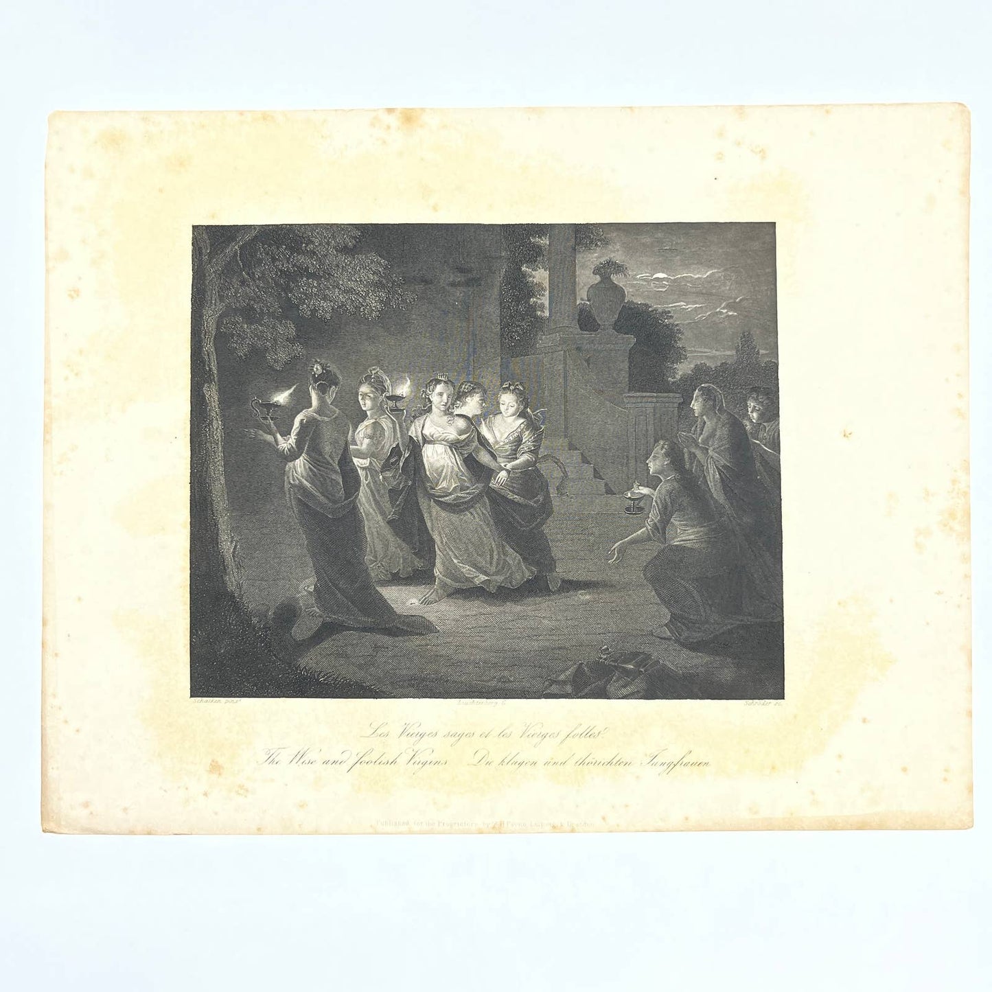 1864 Original Steel Art Engraving - The Wise and Foolish Virgins Schalken AC3