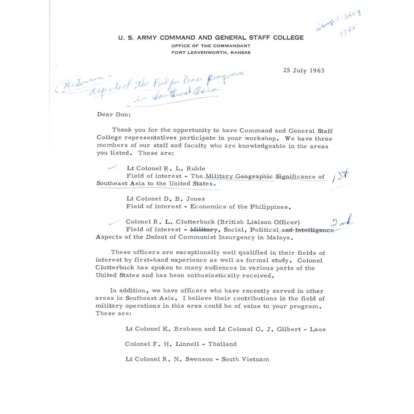 US Army Command & General Staff College Letterhead Harry J Lemley 7/25/63 TK1-P8