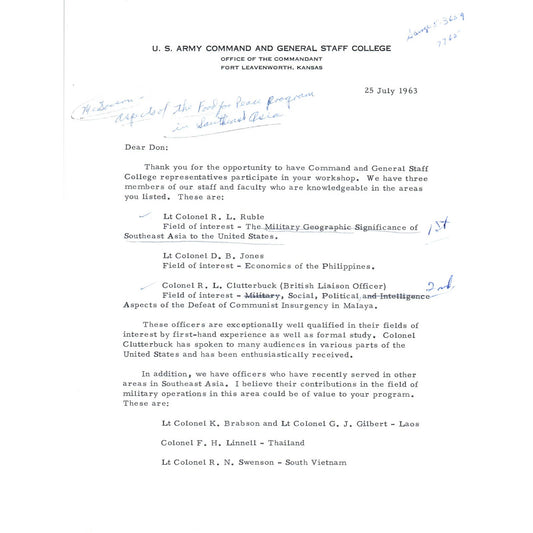 US Army Command & General Staff College Letterhead Harry J Lemley 7/25/63 TK1-P8