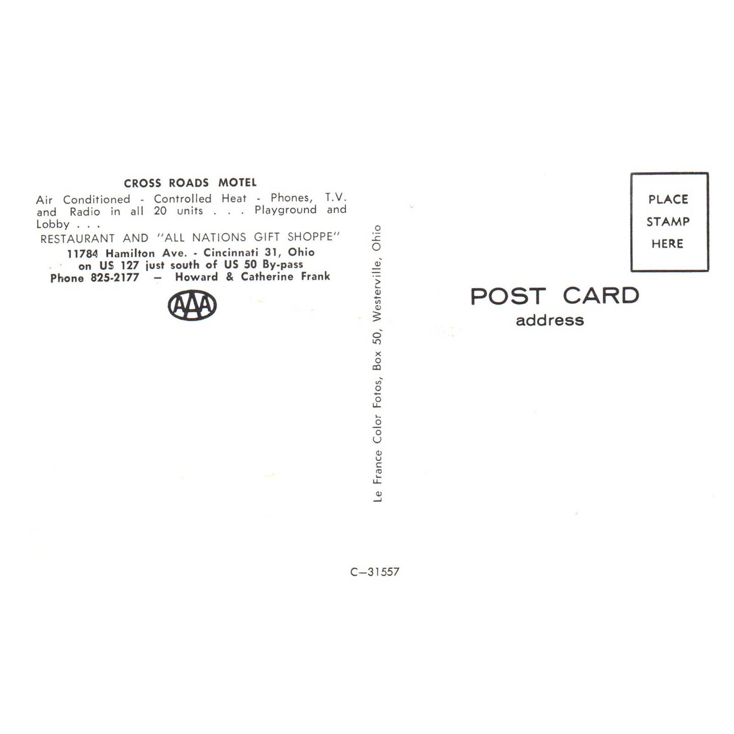 Vintage Postcard Crossroads Motel Cincinnati Ohio Howard & Catherine Frank TJ7-1