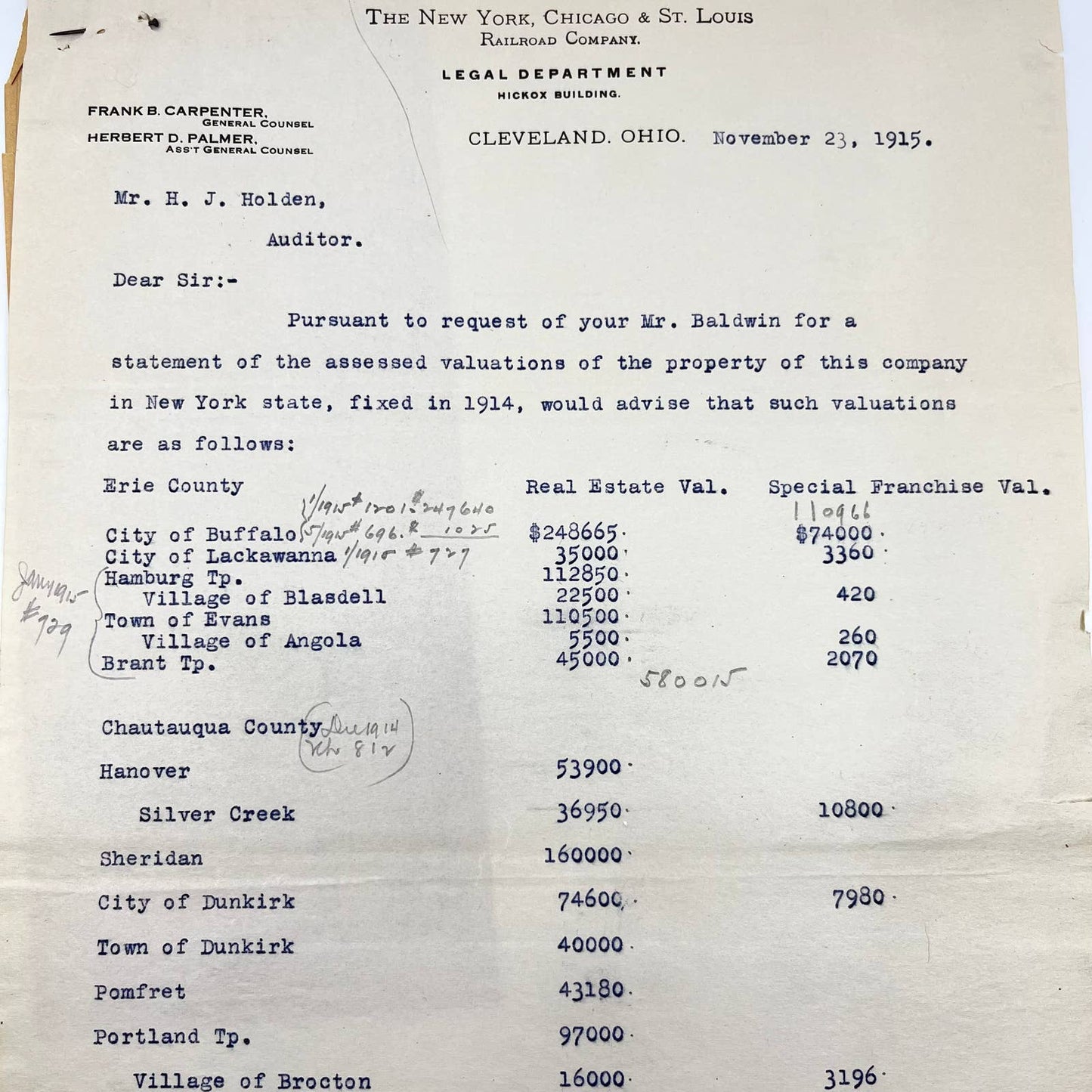 1915 New York, Chicago & St Louis Railroad Co. Legal Department Statement AA9