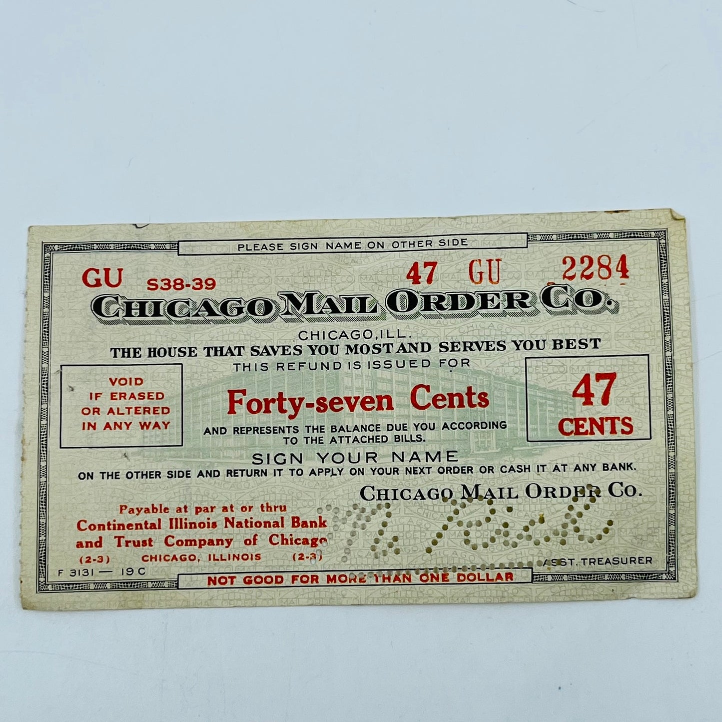 Vintage Chicago Mail Order Co. Illinois National Bank & Trust Bank Check AH9-M7