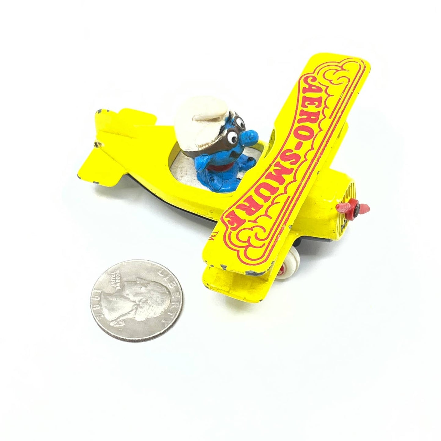 1982 Smurfs Ertl Airplane Aero Smurf Figurine Die Cast Metal Toy Plane SD6