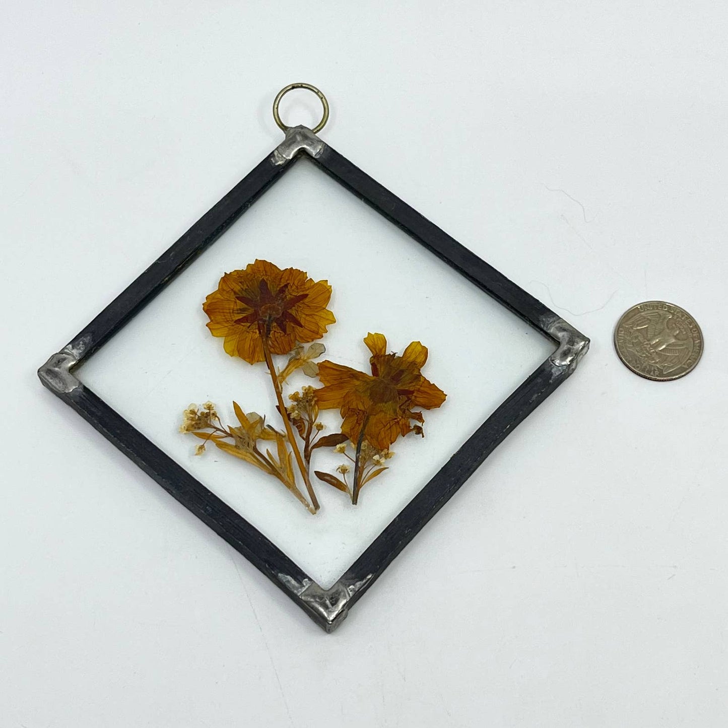 Vintage Handmade Folk Art Pressed Flower Metal Frame Wall Art Hanging TE2