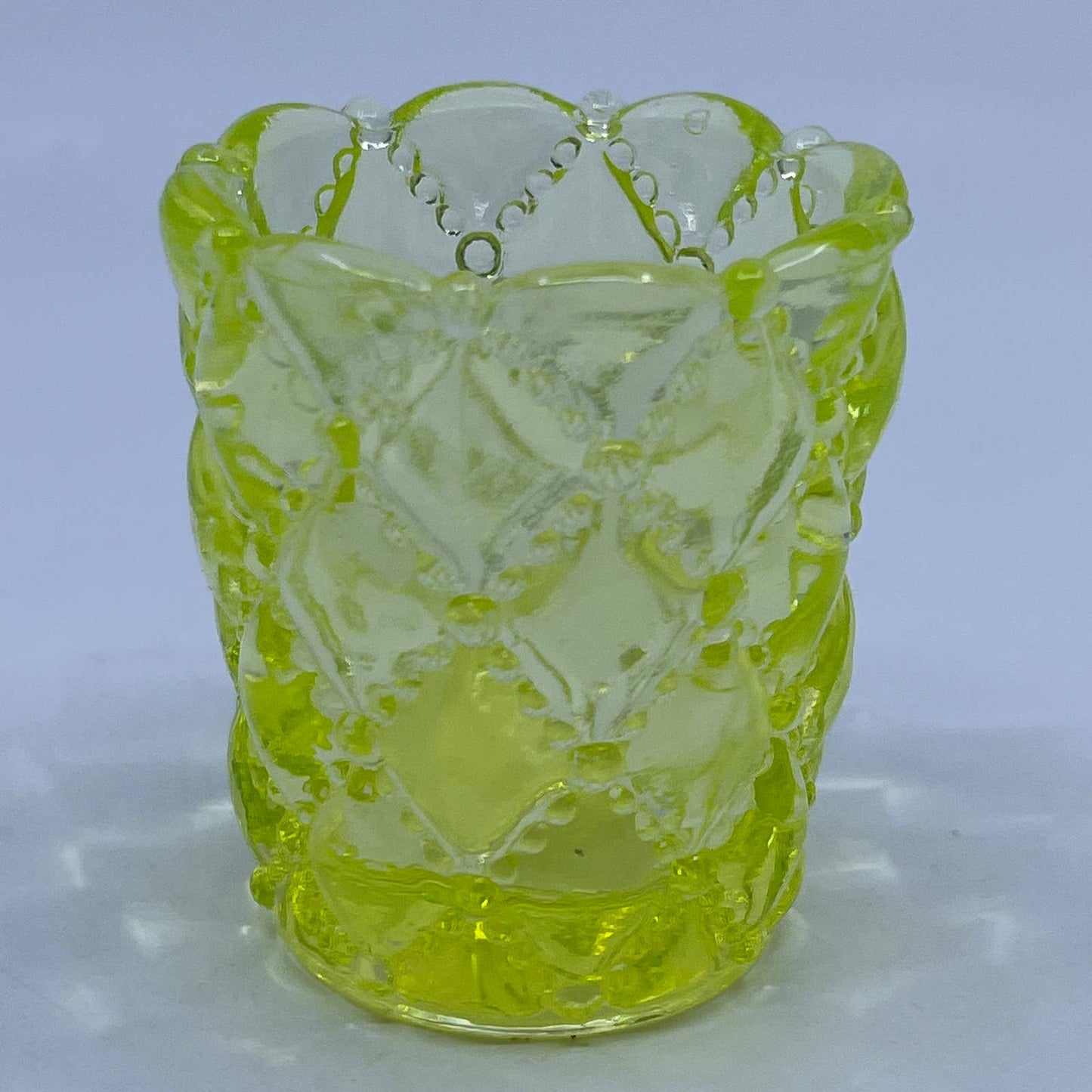 Vintage Vaseline Glass Quilted Bead Pattern Toothpick Holder ~2.5" GLOWS TC3