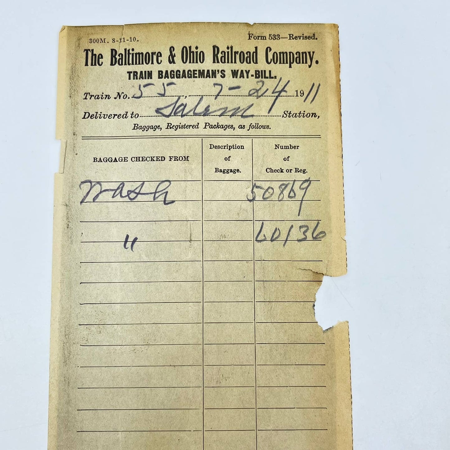 1911 B&O Railroad RR Train Baggageman’s Way-Bill Salem Station AB2