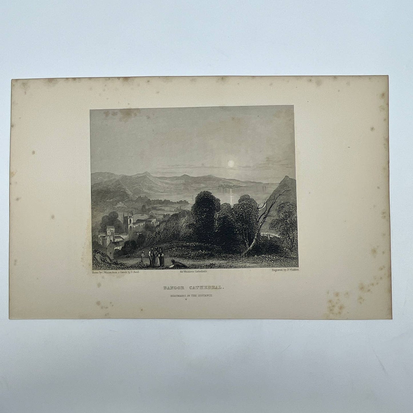 1842 Original Art Engraving Bangor Cathedral - Beaumaris in the Distance AC6