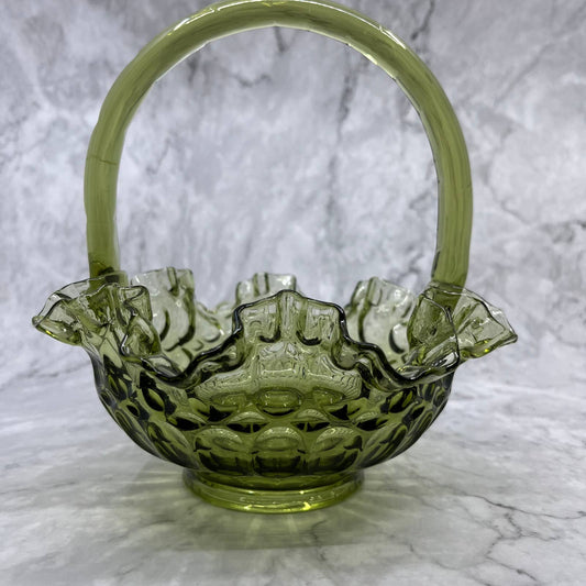 Vintage FENTON Colonial Green Glass 8" Basket Ruffled Edge Thumbprint Design TA2