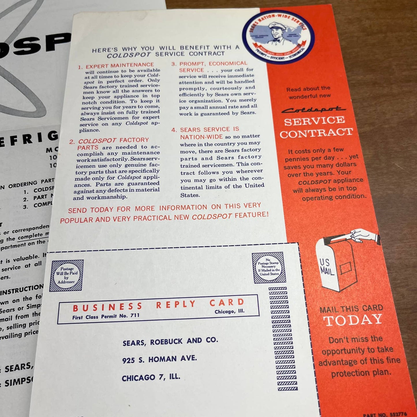 Set of 2 - 1950s Coldspot Refrigerator Parts List & Sears Service Contract A2