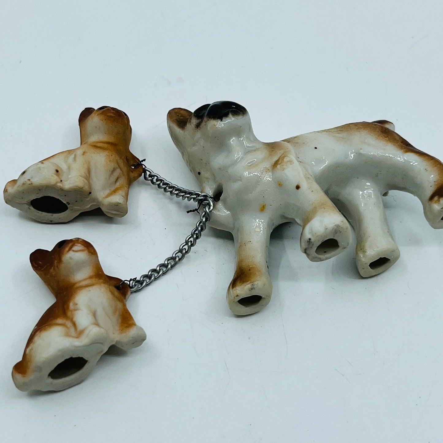 Vintage Brown Boxer Dog With 2 Puppies on Chain Hand Painted Porcelain 2.5” SB2