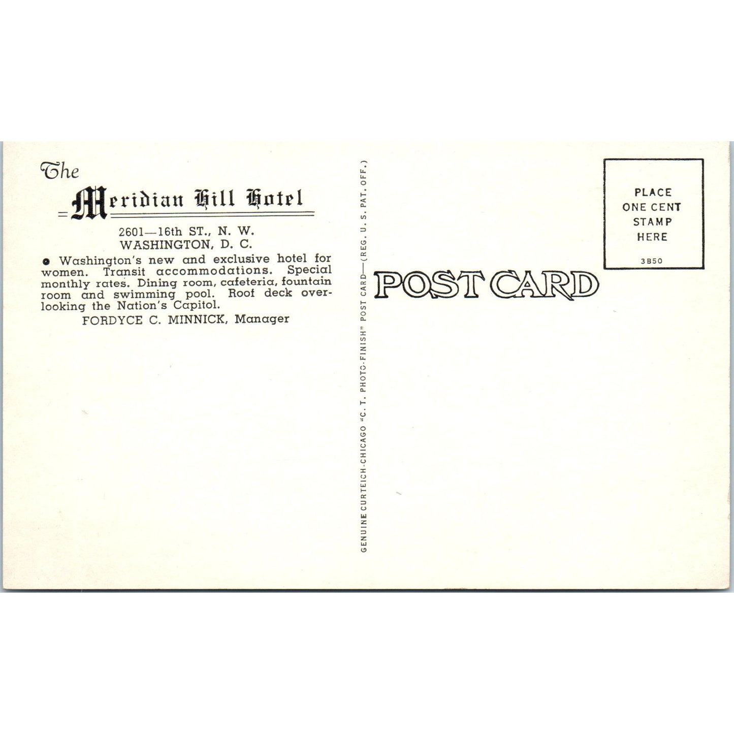 Meridian Hill Hotel Fordyce C, Minnick Washington D.C. Original Postcard P1-16
