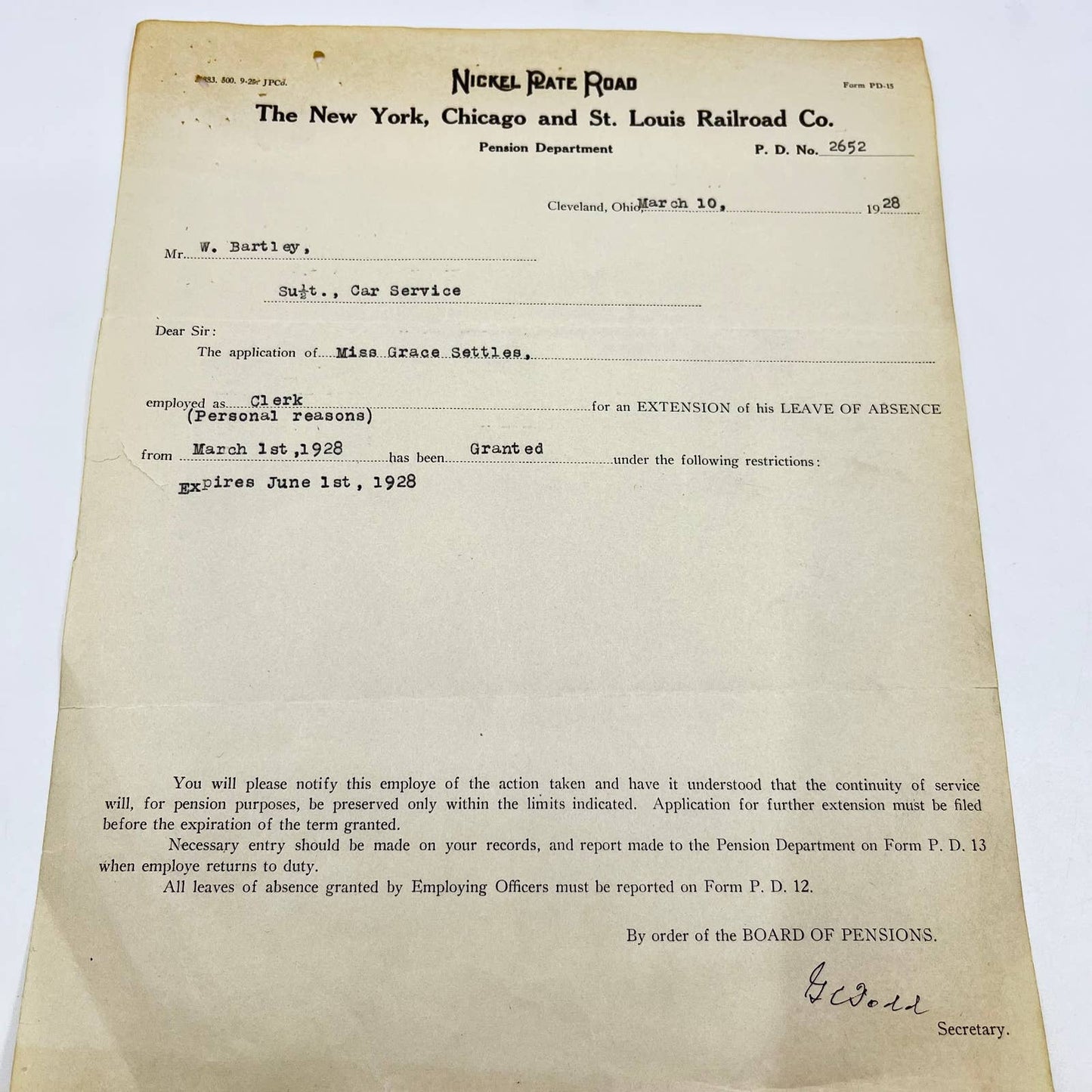 1928 New York, Chicago & St Louis Railroad Co. Leave of Absence Form Lot 2 AA9