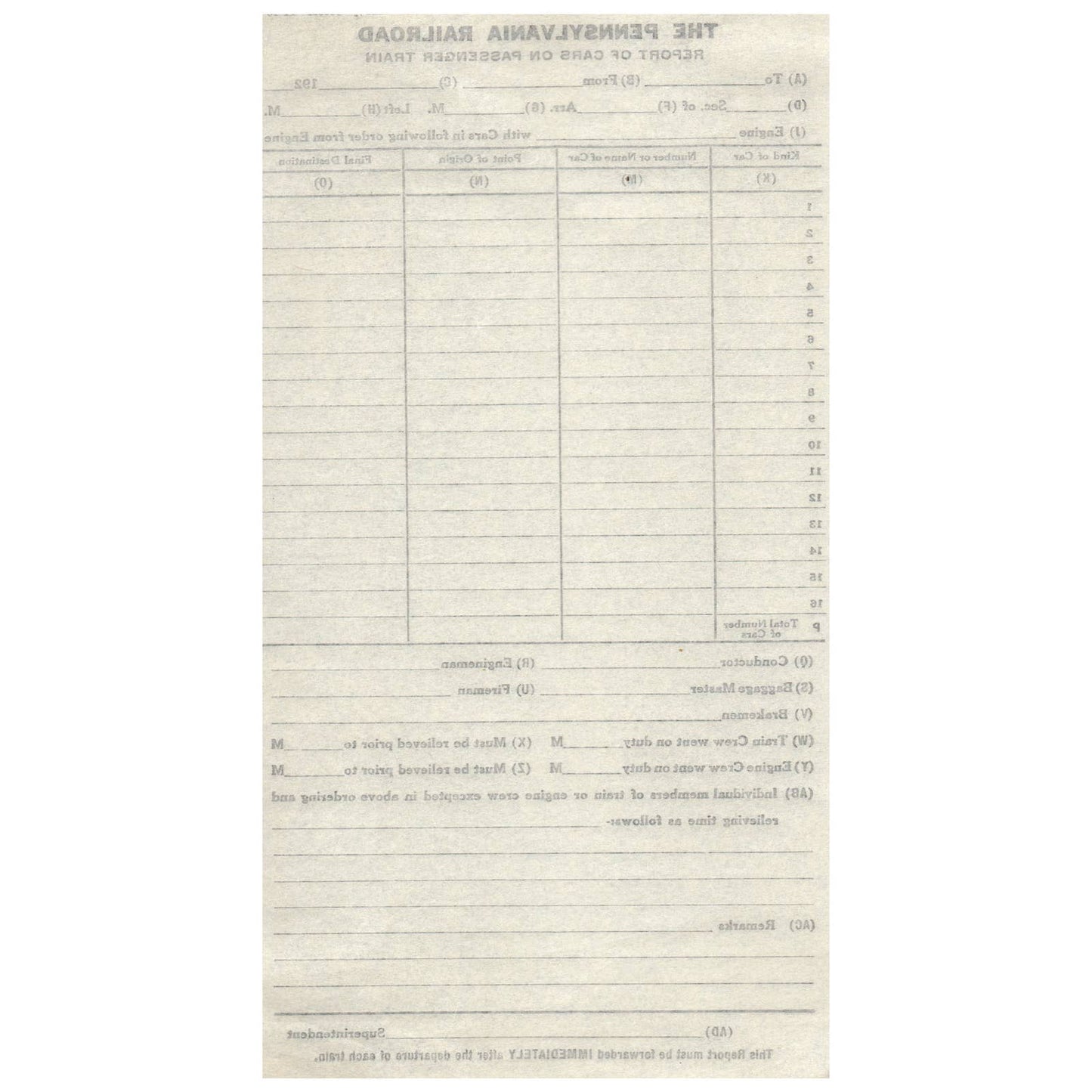 1928 The Pennsylvania Railroad Report of Cars on Passenger Train Blank Form AD8