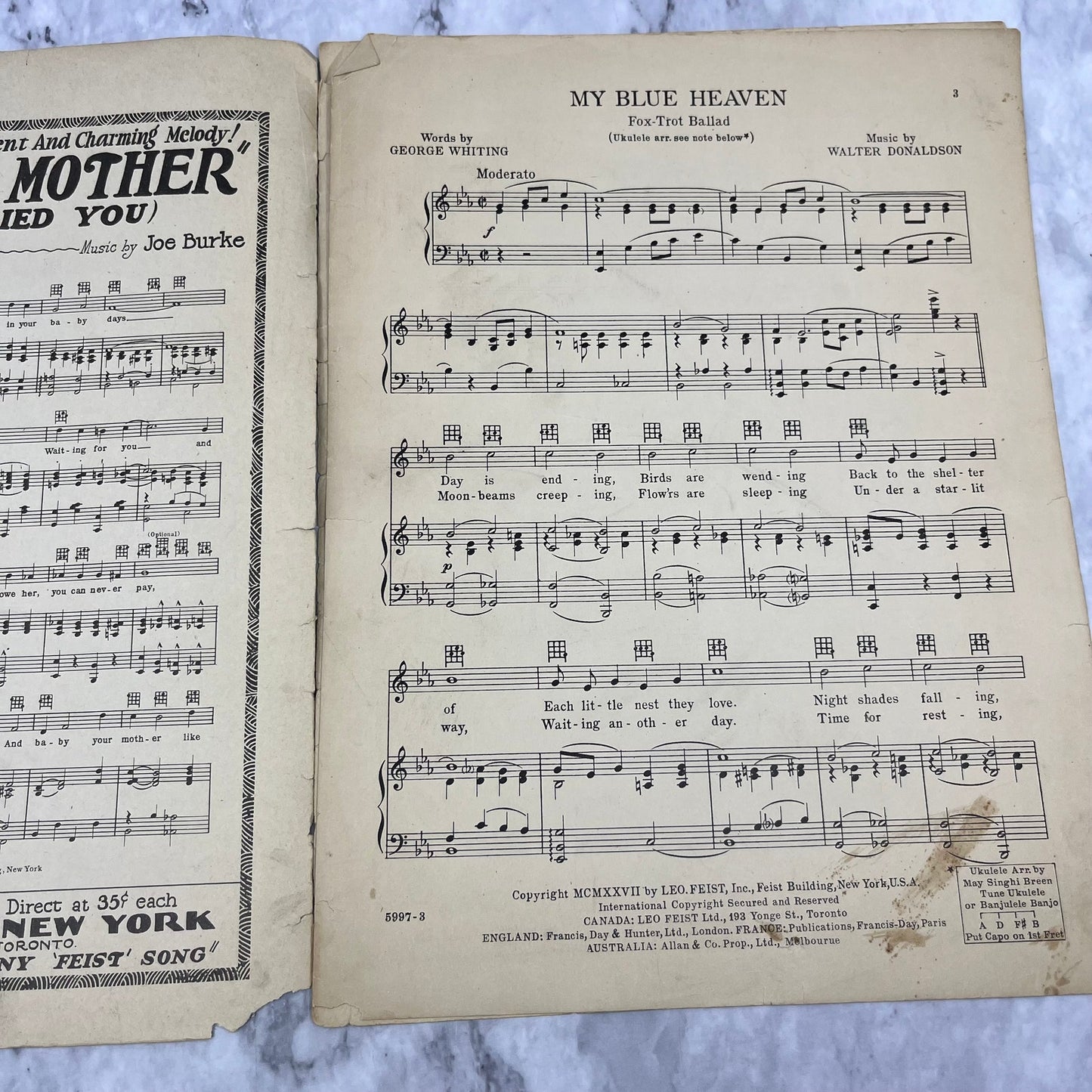 1927 Sheet Music My Blue Heaven Fox Trot Walter Donaldson Jessie Crawford V38
