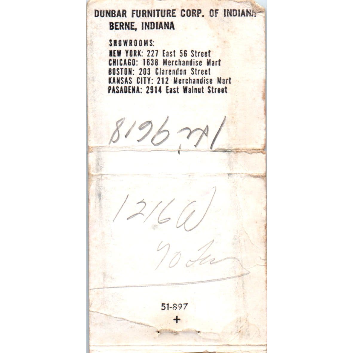 Dunbar Modern Furniture Berne Indiana Advertising Matchbook Cover SA9-M6