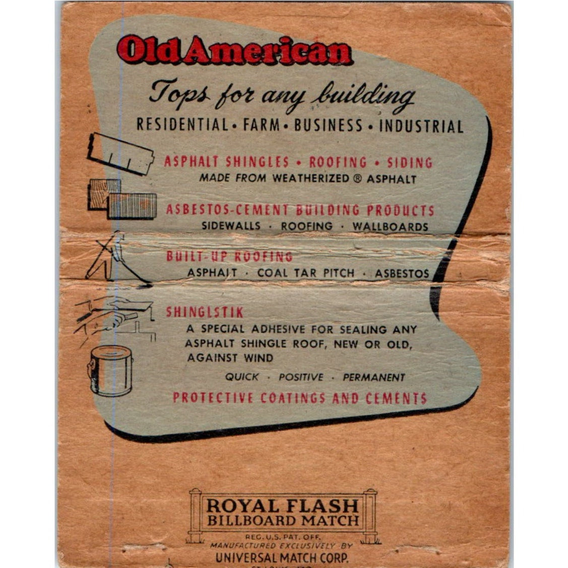 Old American Asphalt Building Products Wide Advertising Matchbook Cover SA6-M7