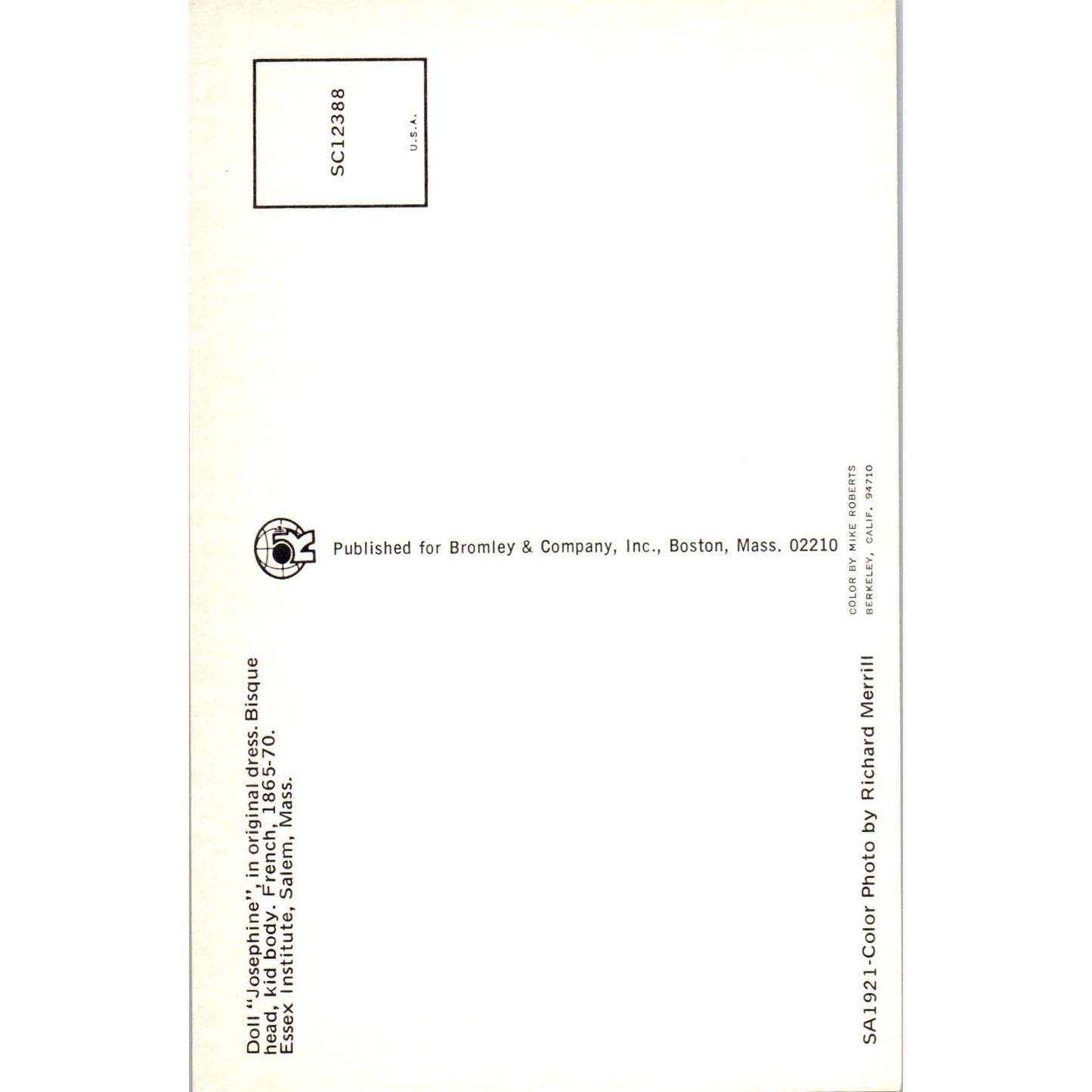 Josephine Bisque Doll Essex Institute Salem MA Original Postcard PB9