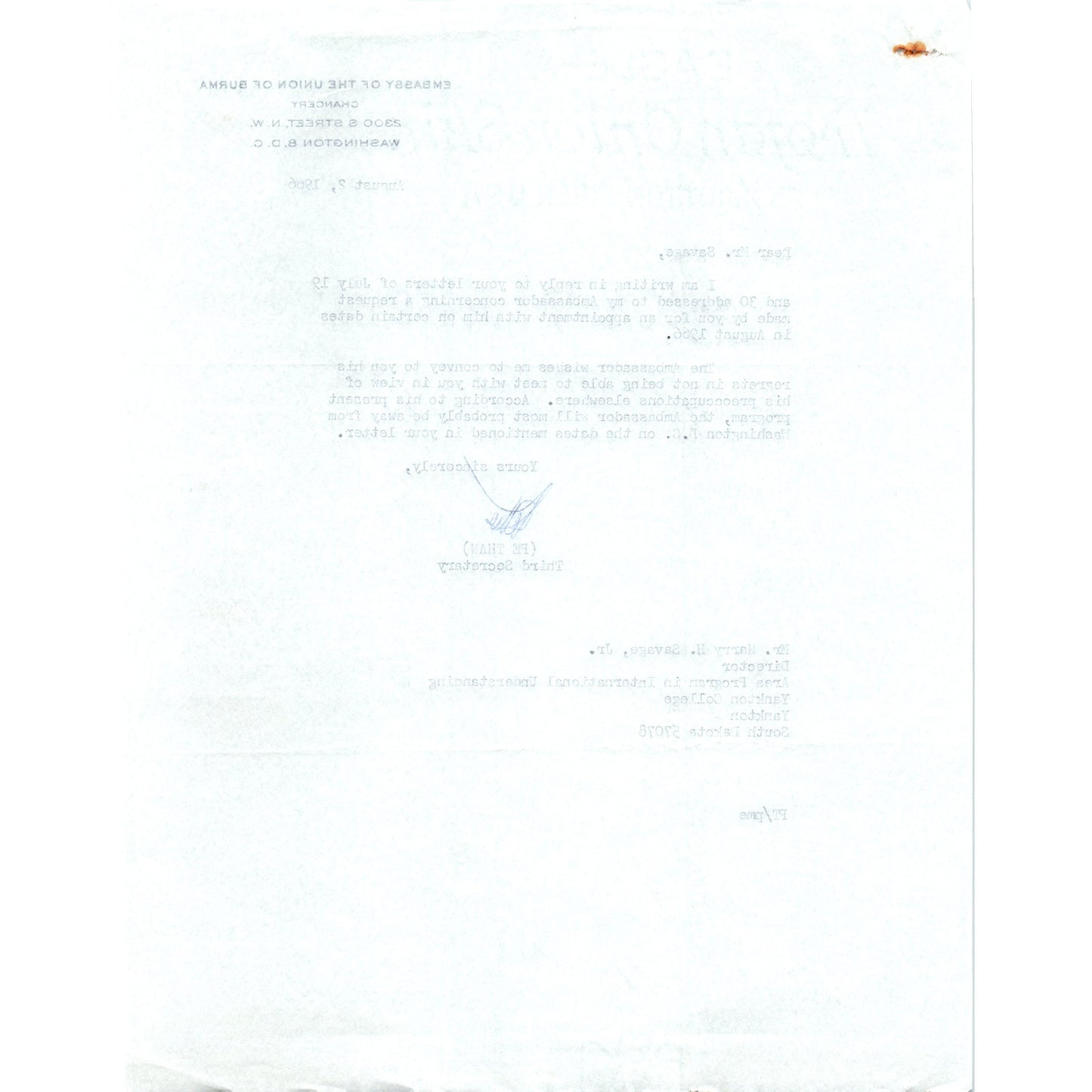 Embassy of the Union of Burma Official Letterhead Memo Pe Than 8/2/66 B9