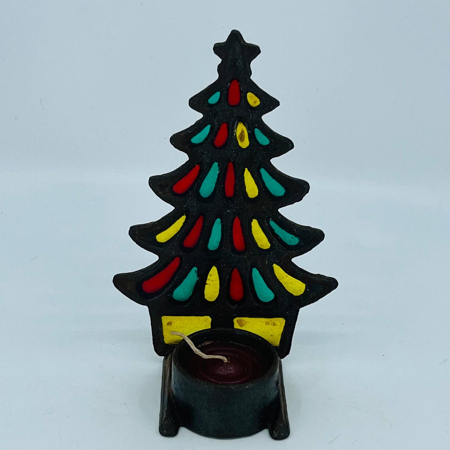 Retro 1970s Stained Glass Metal Christmas Tree Votive Candle Holder 7.5" TC9
