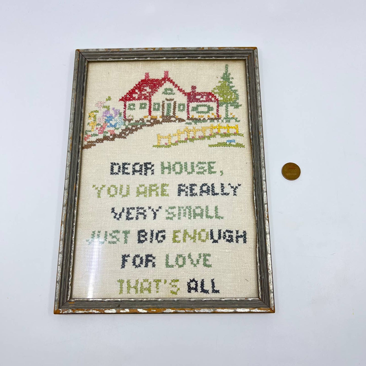 Vintage Original Framed Crewel Cross Stitch Sampler House Blessing Poem 8x11 TE6