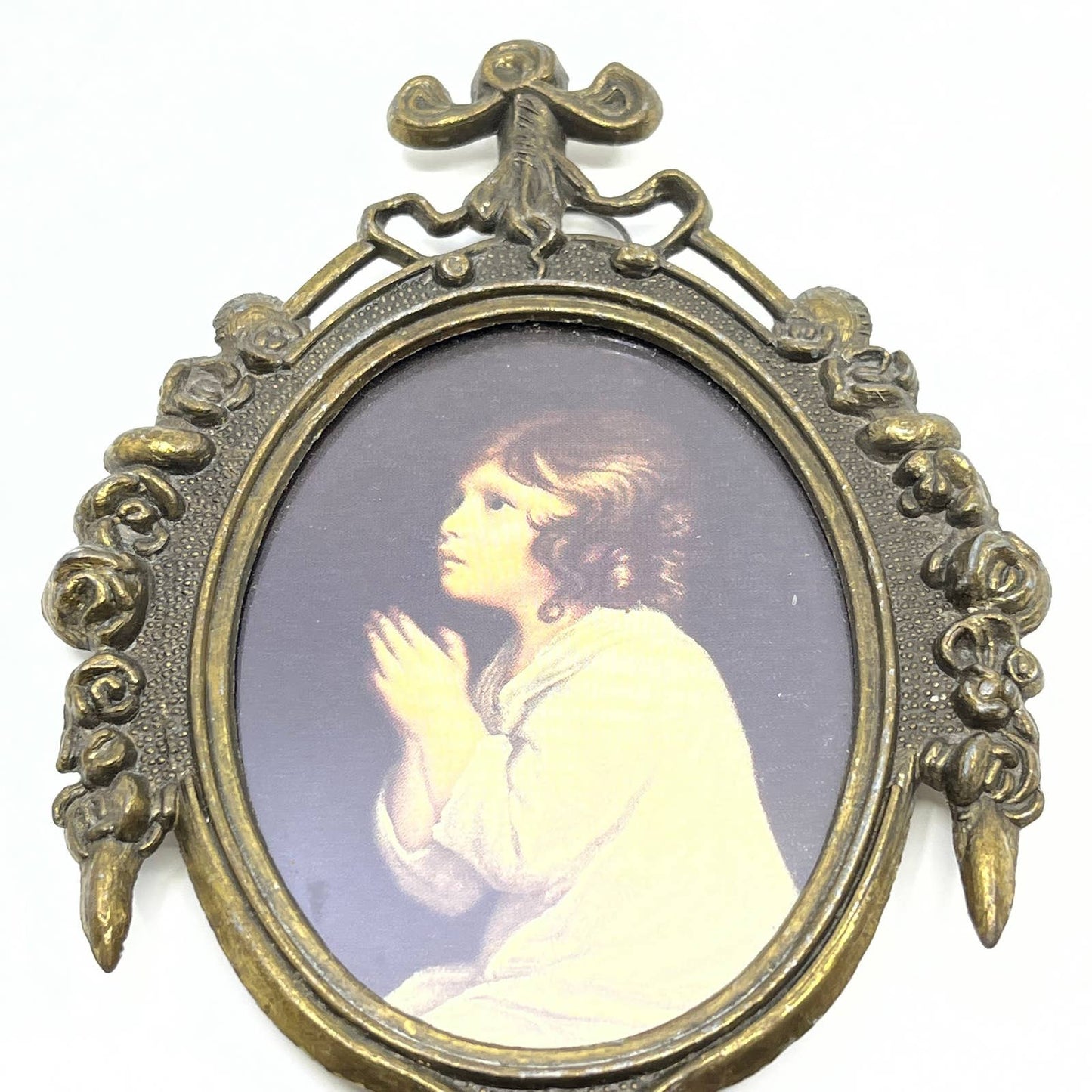 Vtg Baroque Victorian Brass Girl Praying Picture Frame Ornate Italy 6” TF5