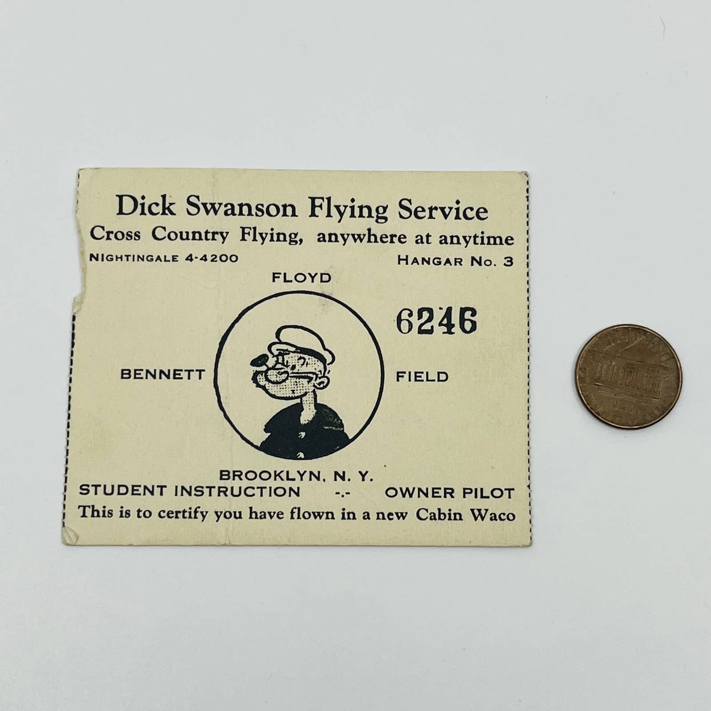 VTG Student Pilot Ticket Stub Dick Swanson Floyd Bennett Field Brooklyn NY SC2