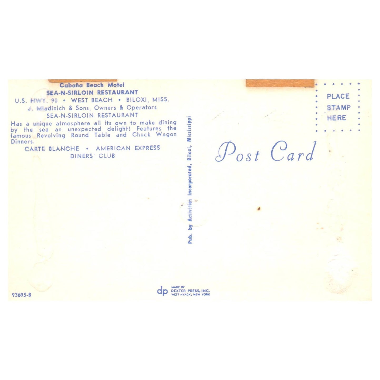 Vtg Postcard Cabana Beach Motel Sea-N-Sirloin Restaurant Interior Biloxi TJ7-1