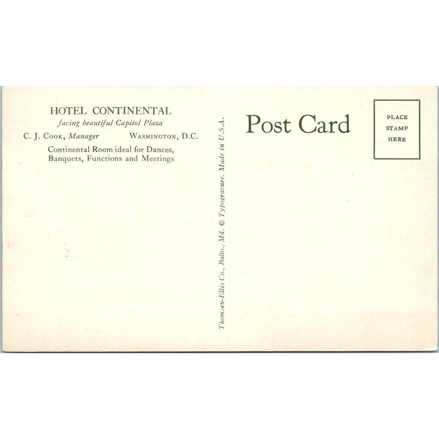 Hotel Continental - Continental Room Washington D.C. Original Postcard TK1-P2