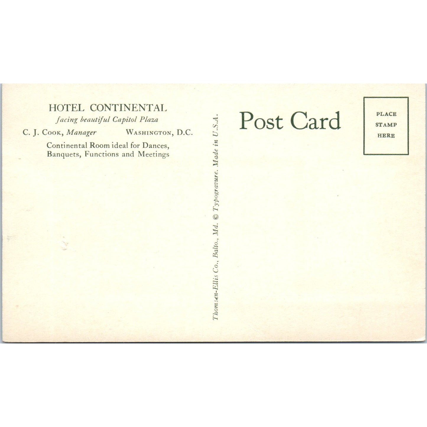 Hotel Continental - Continental Room Washington D.C. Original Postcard P1-16