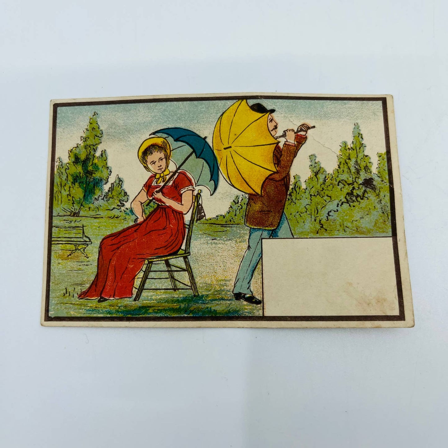 1880's VICTORIAN TRADE CARD LITHO Man & Woman W/ Umbrellas Sample Blank AA2