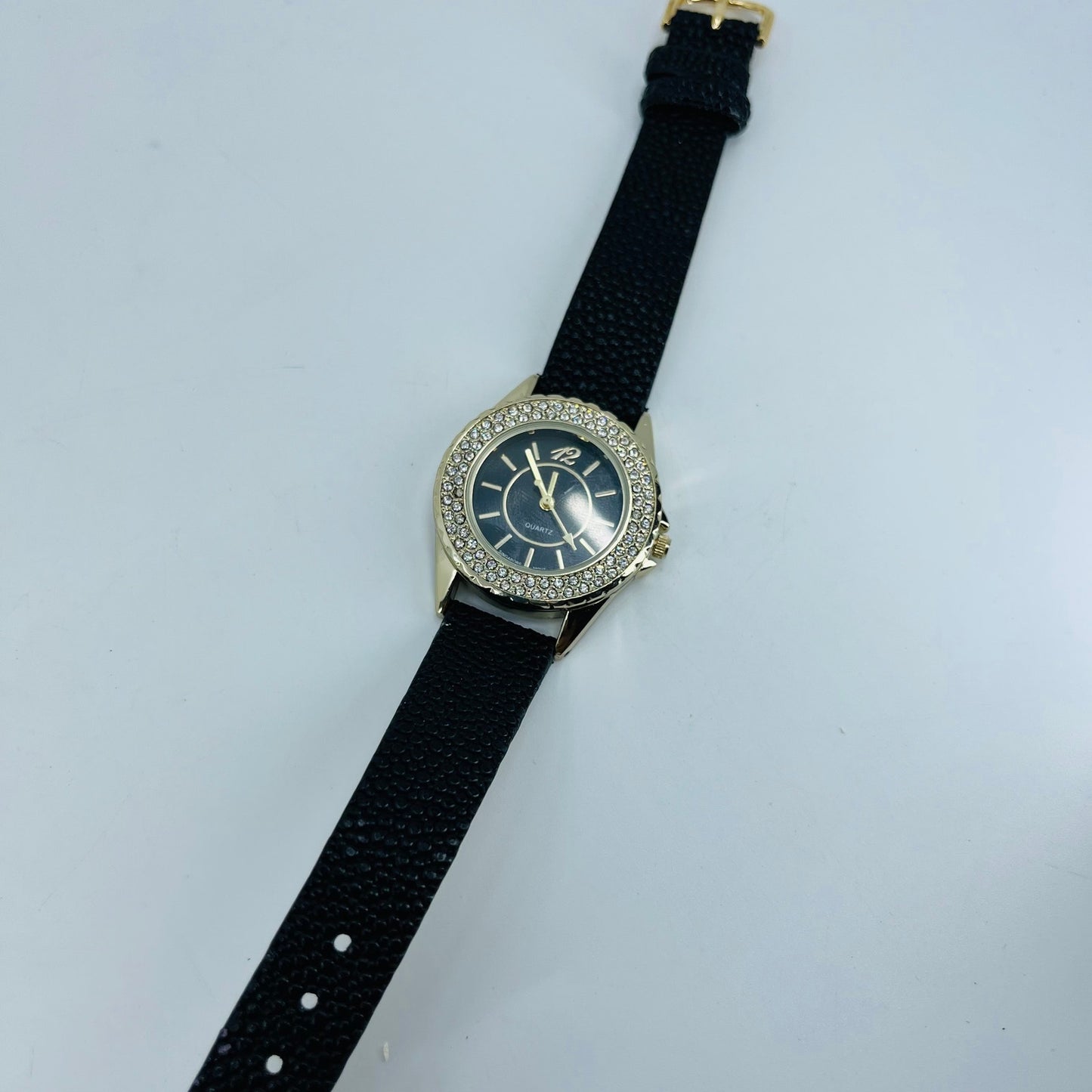 Vintage Gold Tone Rhinestone Quartz Watch Leather Band SA6
