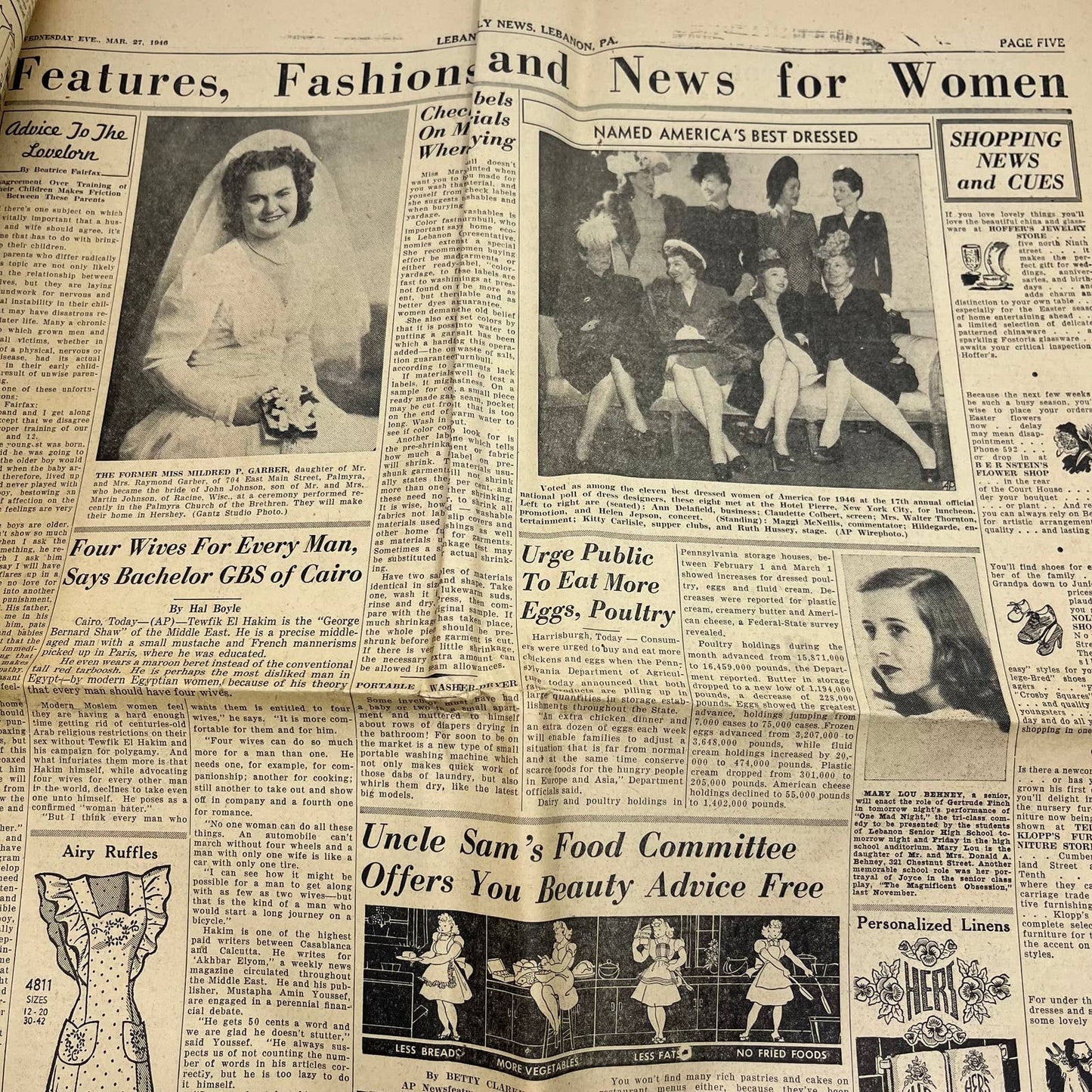 1946 WWII Mar 27 LEBANON DAILY NEWS Newspaper Iran Russia Pact TI6-23