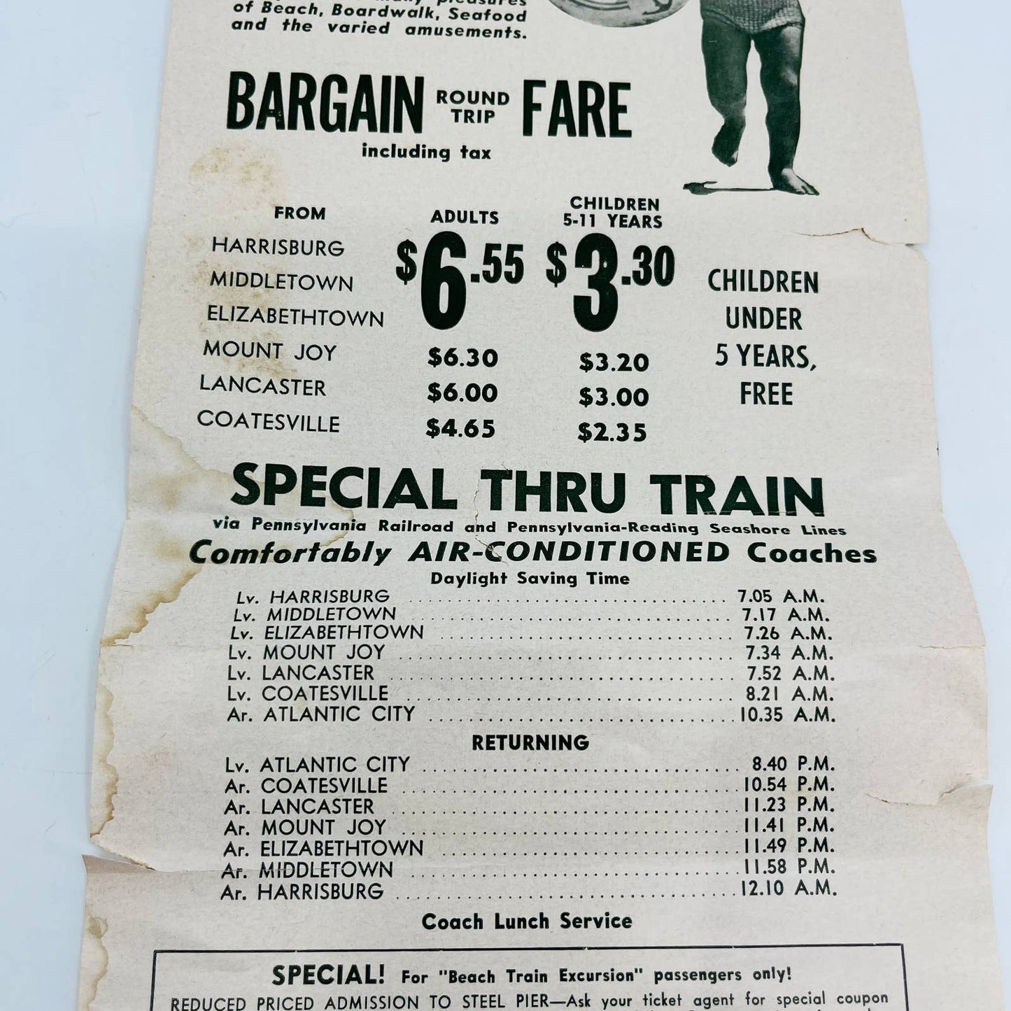 1935 Pennsylvania RR Advertising Poster Atlantic City Beach Train Excursion C8